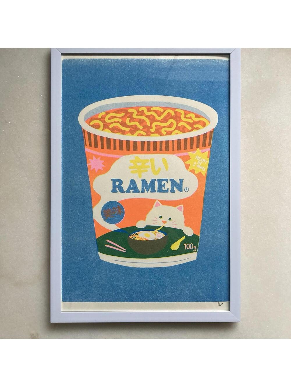 Ramen Cat Riso Risograph “8x12" Asian Art Print - Signed by Naomi Wilkinson